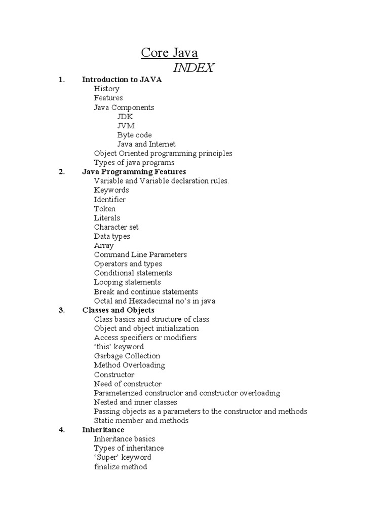 Core Java Index | PDF | Programming | Constructor (Object Oriented ...