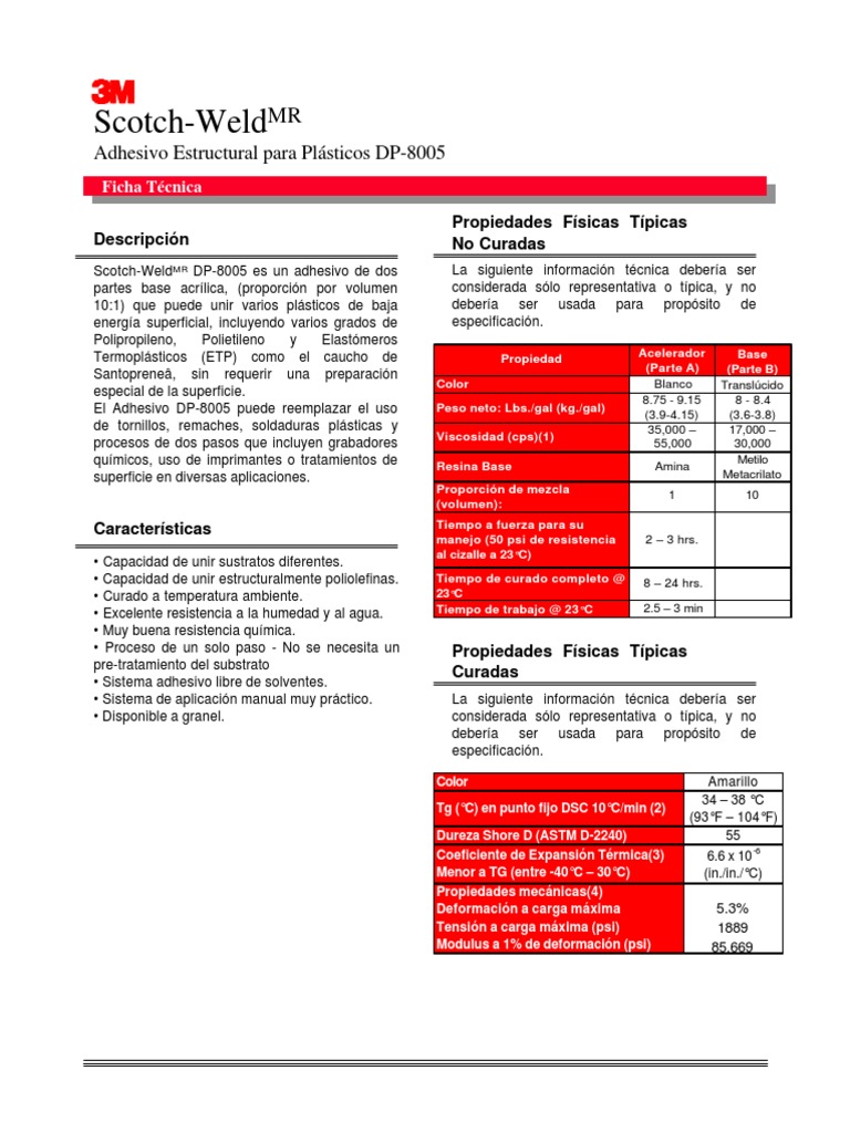 3M Scotch Weld DP 8005 DS | Polimetacrilato de metilo) | Aluminio