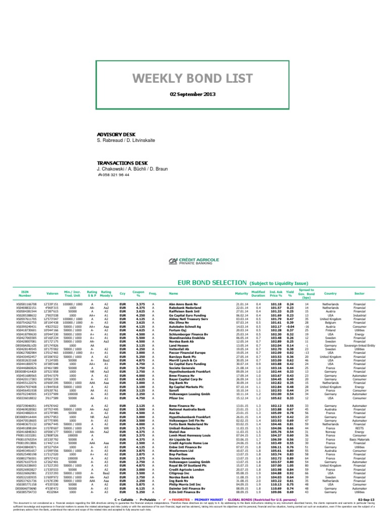 Weekly Bond List PDF Bond Credit Rating Standard & Poor's