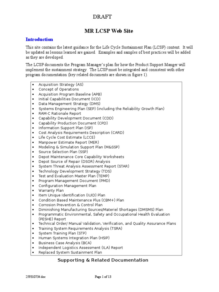 Life Cycle Sustainment Plan (LCSP) Content Reliability Engineering Life Cycle Assessment