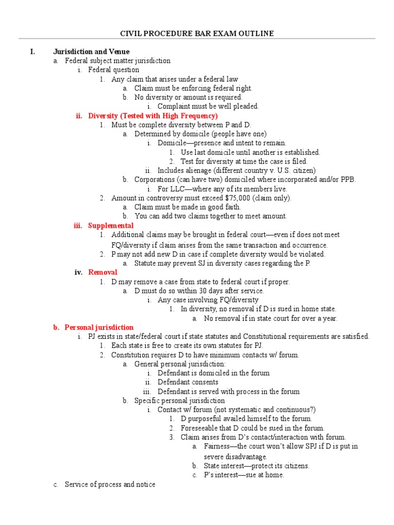 Civil Procedure Bar Exam Outline Diversity Jurisdiction Personal