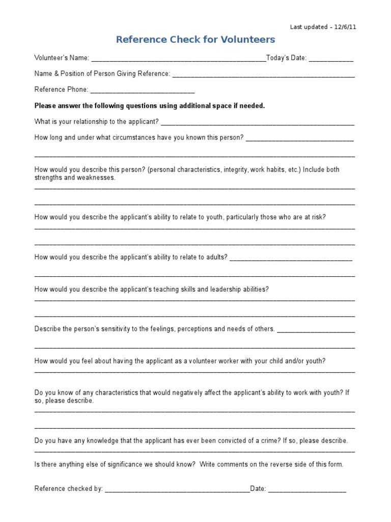Volunteer Reference Check Form | PDF | Action (Philosophy) | Social ...