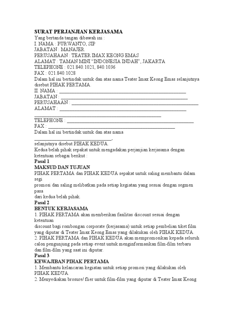 Surat Perjanjian Kerjasama Word Pdf
