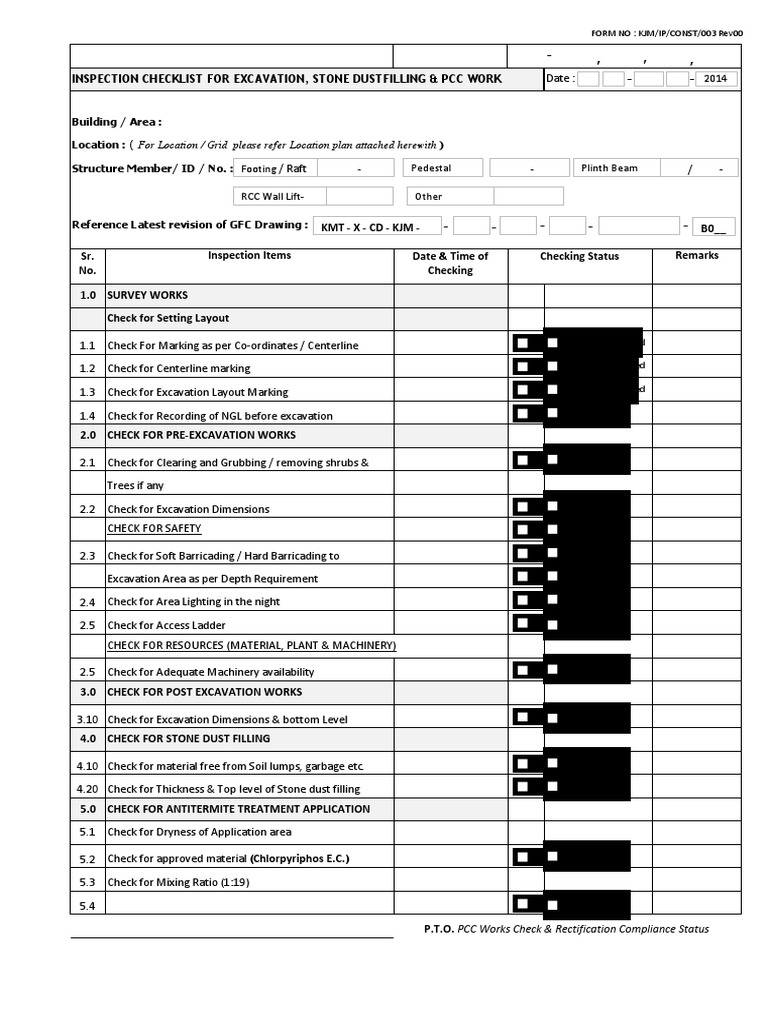 PCC and Excavation Inspection Checklist | PDF | Structural Engineering ...