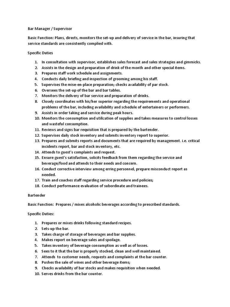 Bar Staff Roles and Responsibilities | PDF | Drink | Waiting Staff
