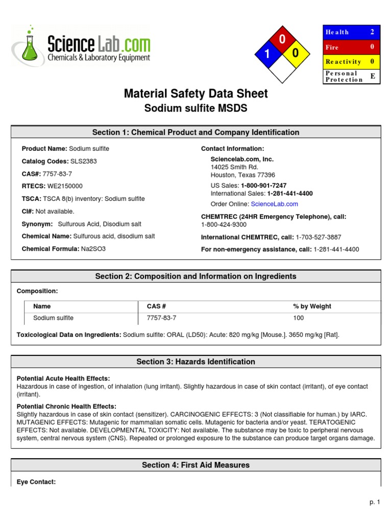 Msds Na2so4 Solfit Sodiom | PDF | Personal Protective Equipment | Toxicity