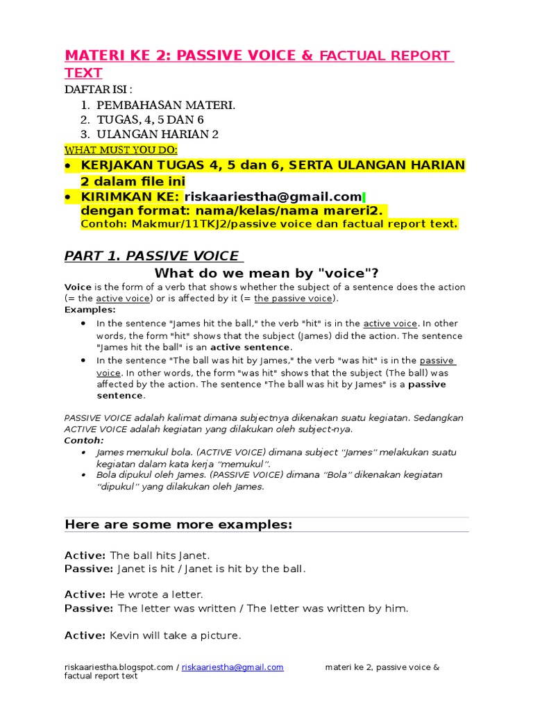 Materi Bahasa Inggris 2 (Passive Voice &amp; Factual Report Text) Tugas 4,5