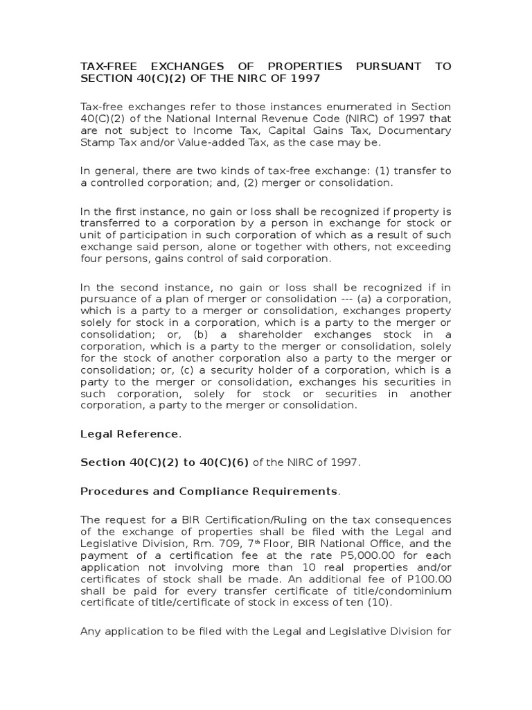 Guidelines for TaxFree Exchanges of Properties Pursuant to Section 40