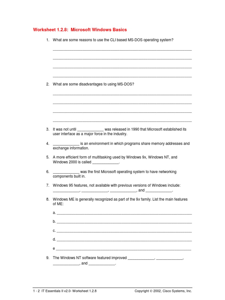 Worksheet 1.2.8: Microsoft Windows Basics: 1 - 2 IT Essentials II V2.0 ...