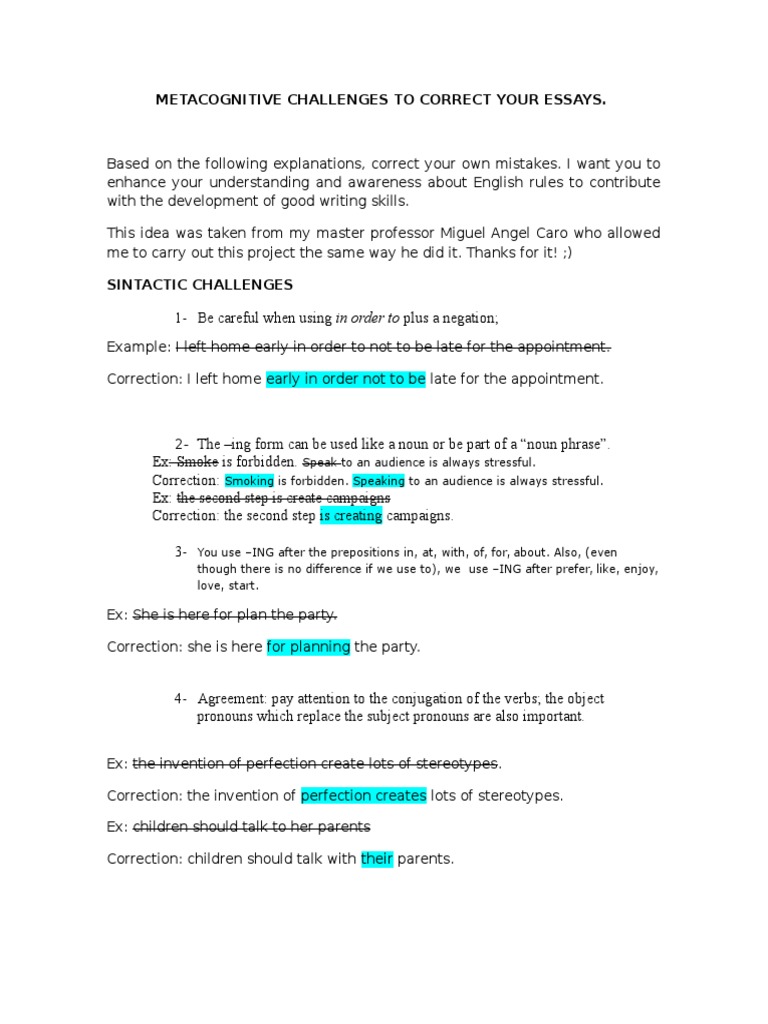 Metacognitive Essay Correction Tips | PDF | Comma | Sentence (Linguistics)