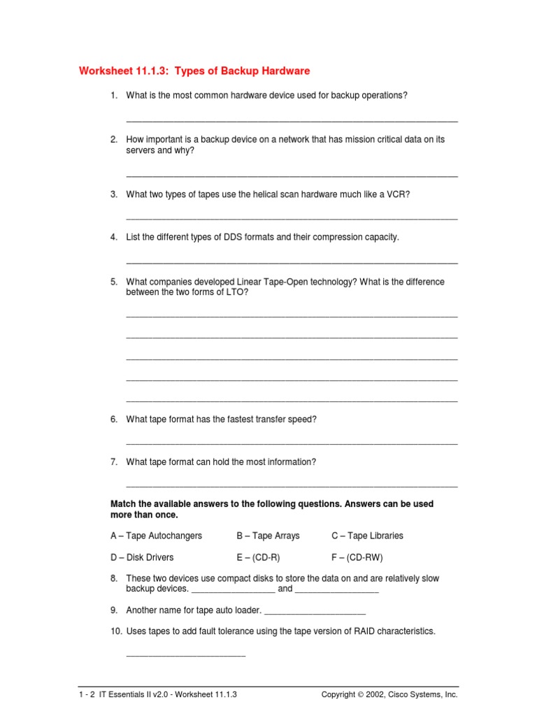 Worksheet 11.1.3: Types of Backup Hardware | PDF