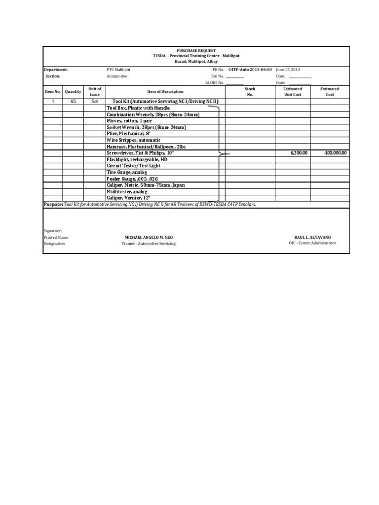Automotive Tool Kit Purchase Request | PDF