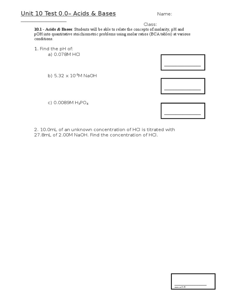 Unit 10 Acids & Bases Test Guide | PDF