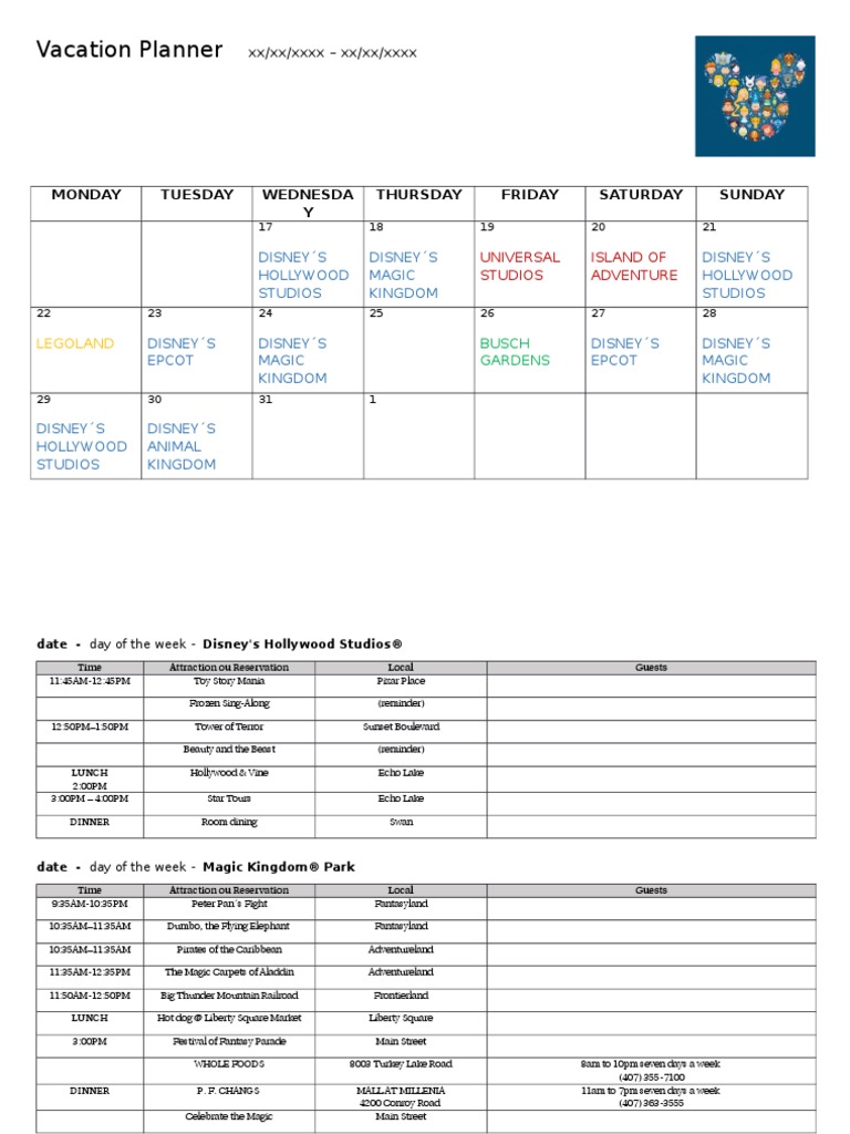 Walt disney world planning sheet the walt disney company the walt 