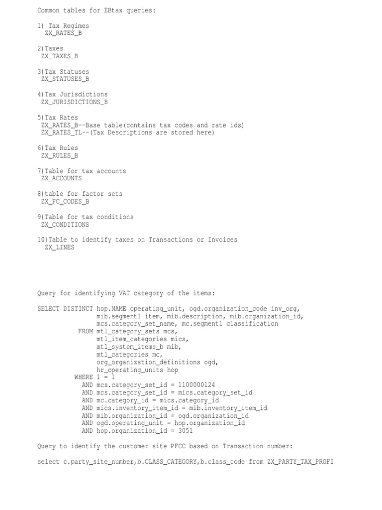 Oracle Tax Tables Queries PDF Taxes Payments