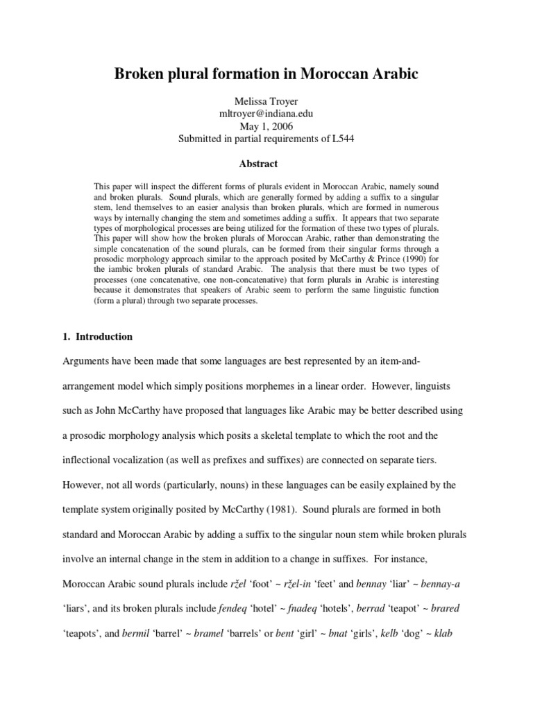 Melissa Troyer Broken Plural Formation In Moroccan Arabic Arabic Morphology Linguistics