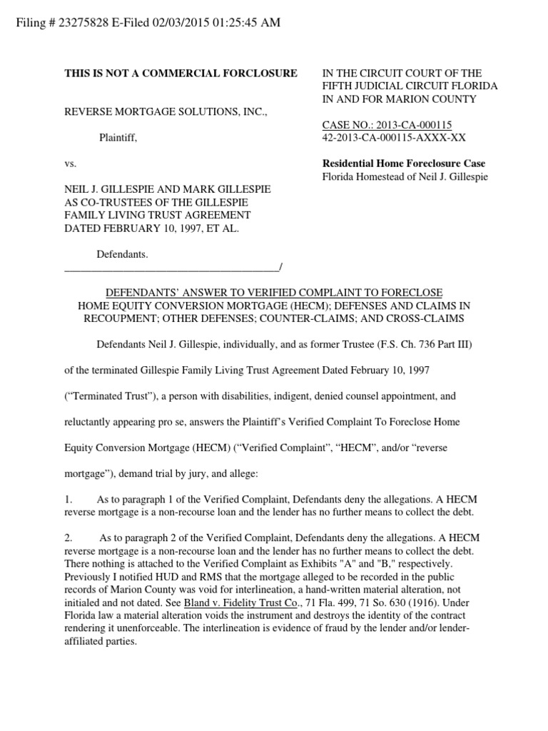 Defendants' Answer To Verified HECM Complaint | PDF | Annual Percentage ...