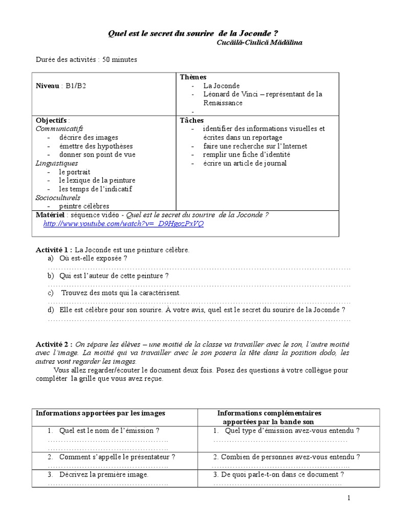 Le Secret De La Joconde Pdf Gratuit Fiche Pedagogique Le Secret Du Sourire de La Joconde | PDF