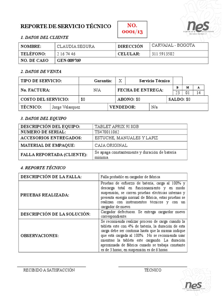 Reporte de Servicio Técnico Tableta Sistema operativo