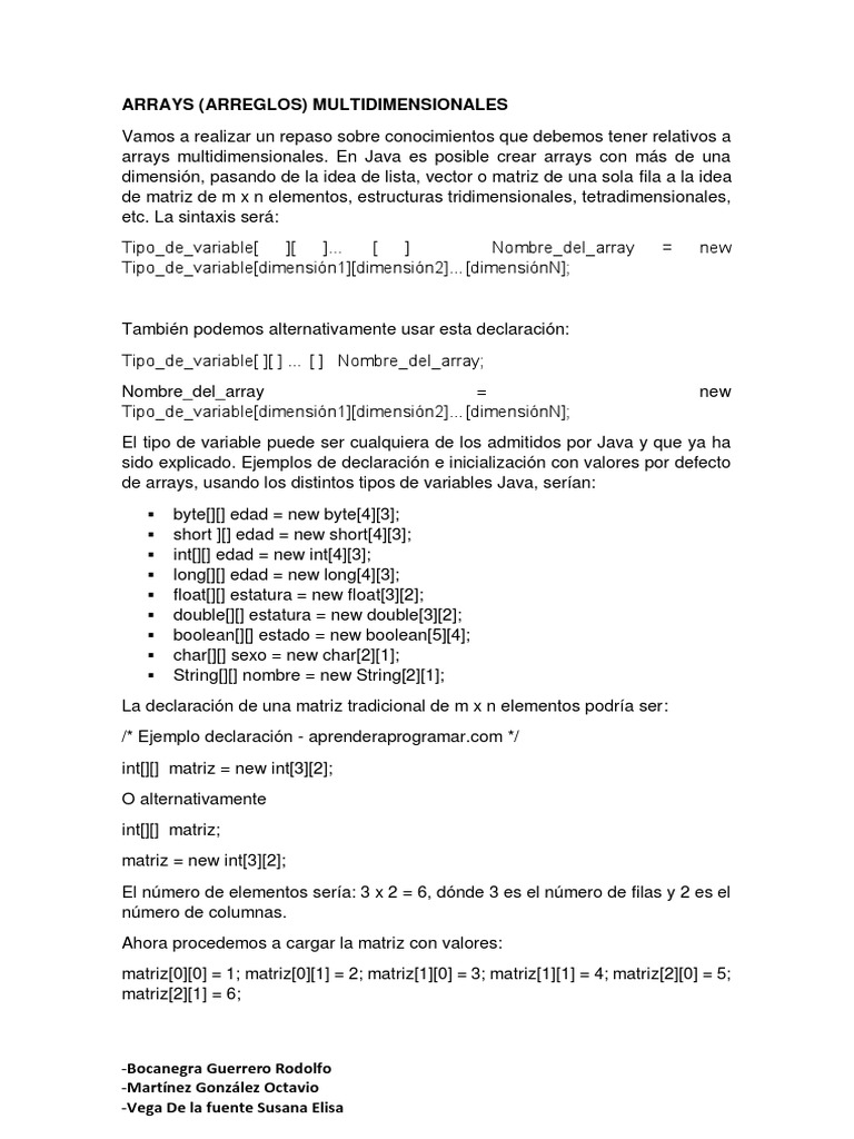 Arreglos Multidimensionales en Java | PDF | Estructura de datos de ...