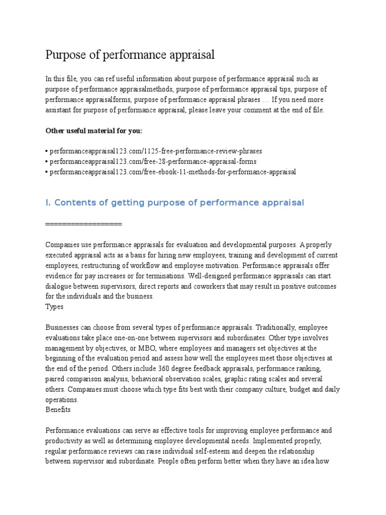 Purpose of Performance Appraisal | PDF | Performance Appraisal ...
