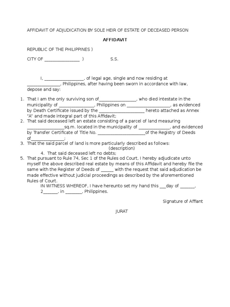 Affidavit of Adjudication by Sole Heir of Estate of Deceased Person