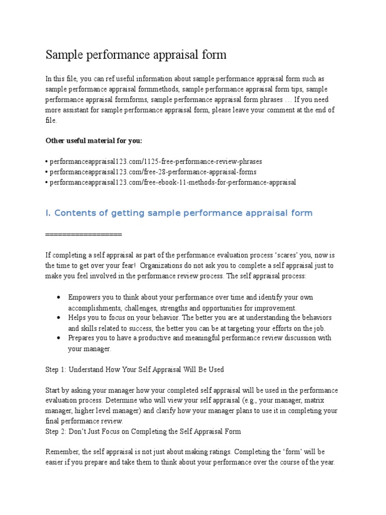 Sample Performance Appraisal Form | PDF | Performance Appraisal | Cognition