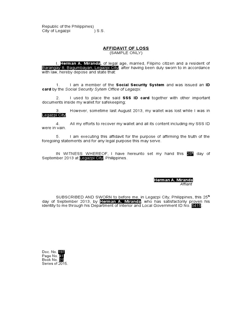 Affidavit of Loss SSS ID sample Affidavit Identity Document