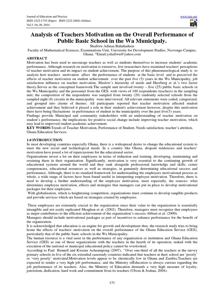 Analysis of Teachers Motivation On The Overall Performance of | PDF ...