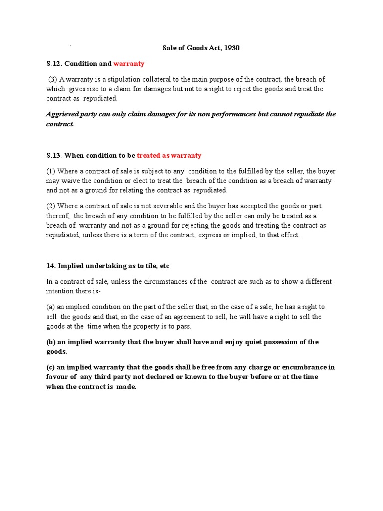 Warranty Conditions Implied Warranty Breach Of Contract