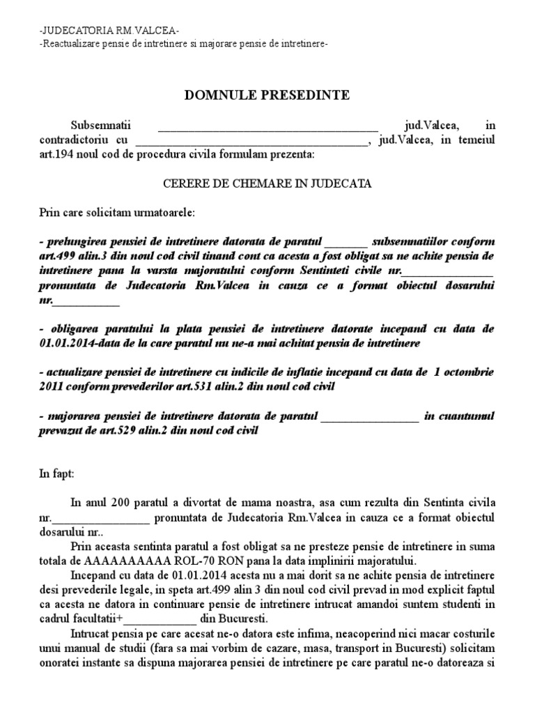 Cerere Actualizare Si Prelungire Pensie De Intretinere