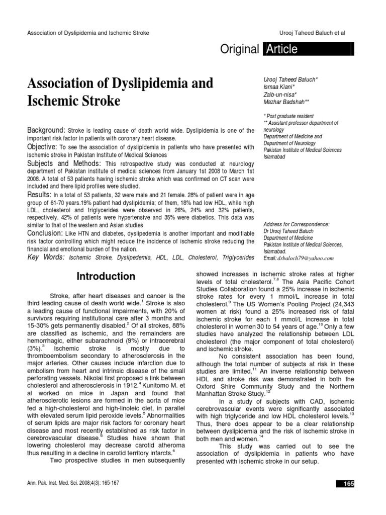 Dyslipidemia's Role in Ischemic Stroke | PDF | Stroke | Cholesterol