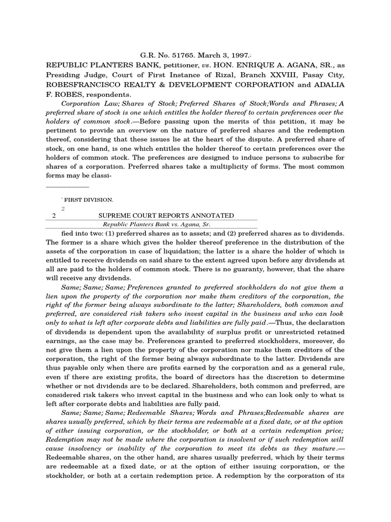 Republic Planters V Agana PDF Dividend Preferred Stock