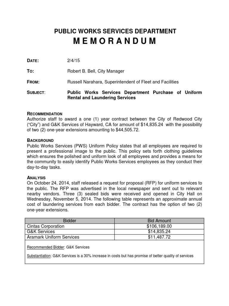 uniform memorandum Request For Proposal Government