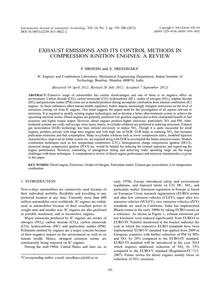 Exhaust Emissions and Its Control Methods in Compression Ignition ...
