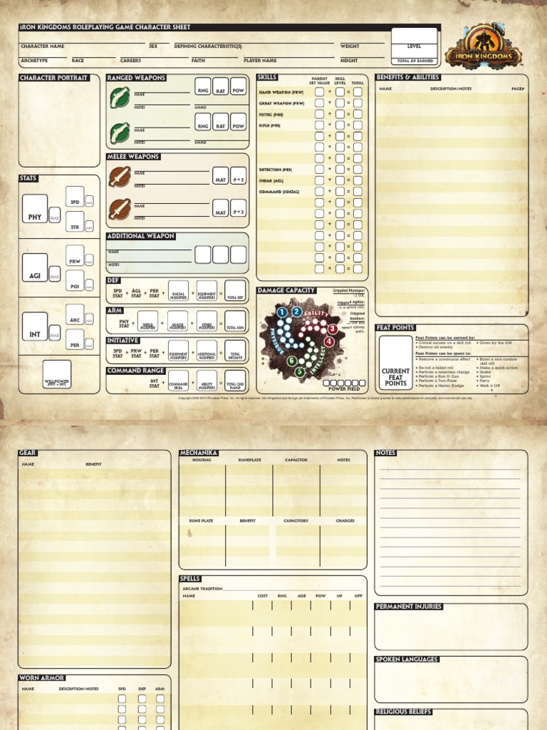 Iron Kingdoms Form Fillable Character Sheet Printable Forms Free Online