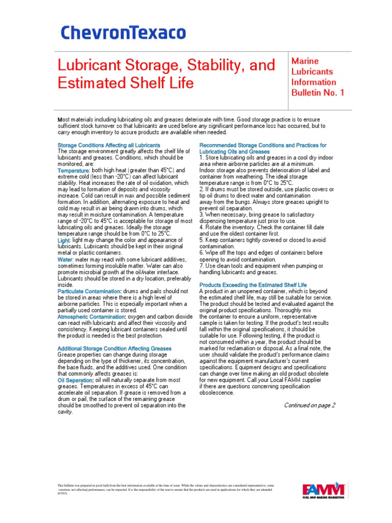 Lubricant Storage, Stability, and Estimated Shelf Life Marine
