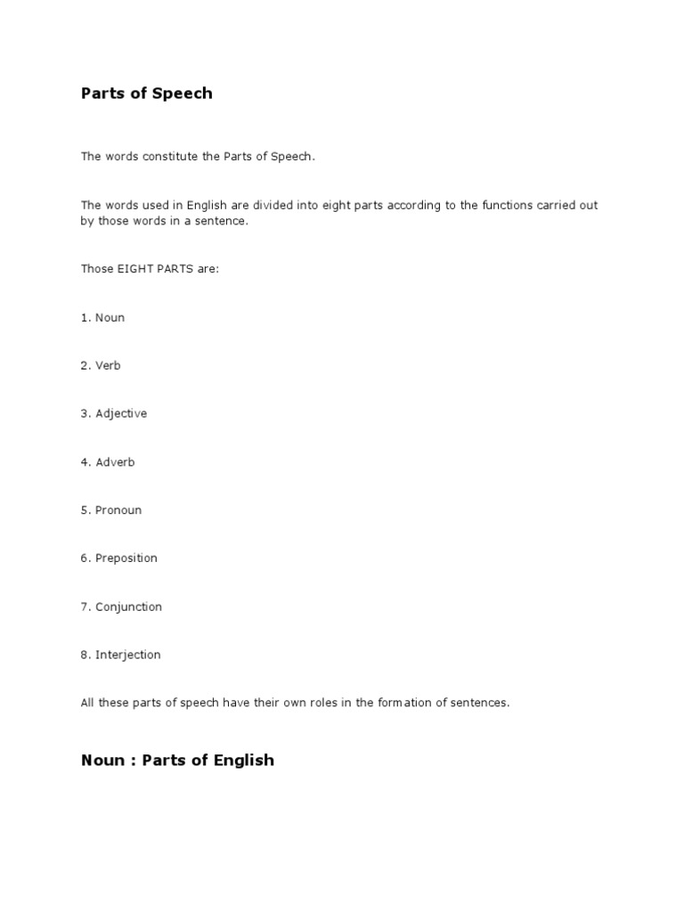 ENGLISH Parts of Speech PDF Part Of Speech Grammatical Number