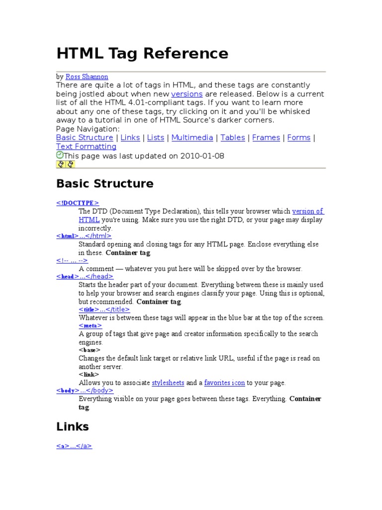 HTML Tag Reference | Html Element | Xhtml