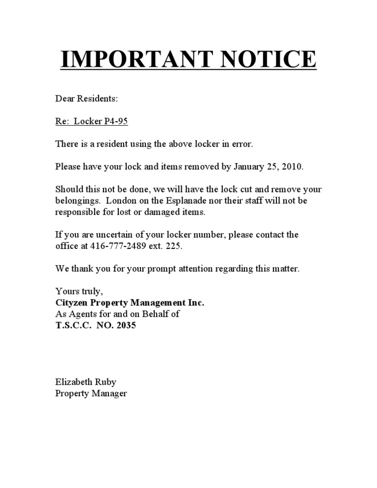 Urgent Notice: Locker Removal Required | PDF