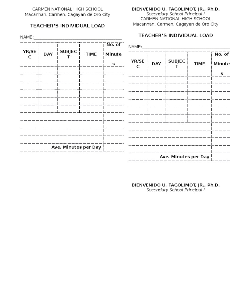 Teacher'S Individual Load Teacher'S Individual Load: Bienvenido U ...