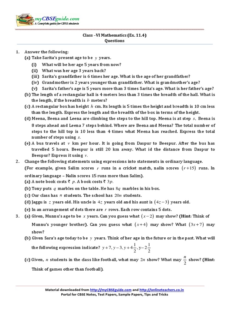 Class VI Math Age and Expression Problems | PDF | Teaching Methods ...