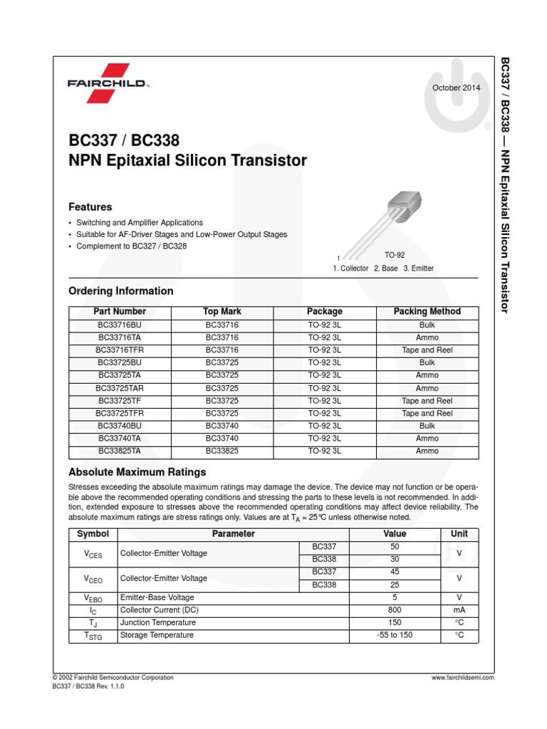 BC337 / BC338 NPN Epitaxial Silicon Transistor: Features | PDF