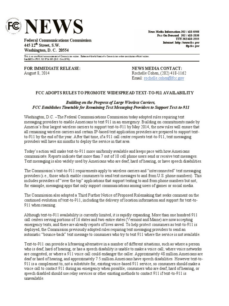 FCC Mandates Text-to-911 Service | PDF | 9 1 1 | Text Messaging