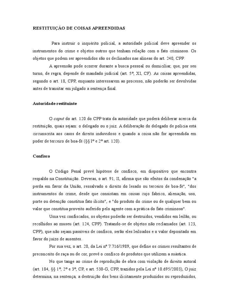 Trabalho Processo Penal - Restituição de Coisa Apreendida | Procedimento criminal | Julgamentos