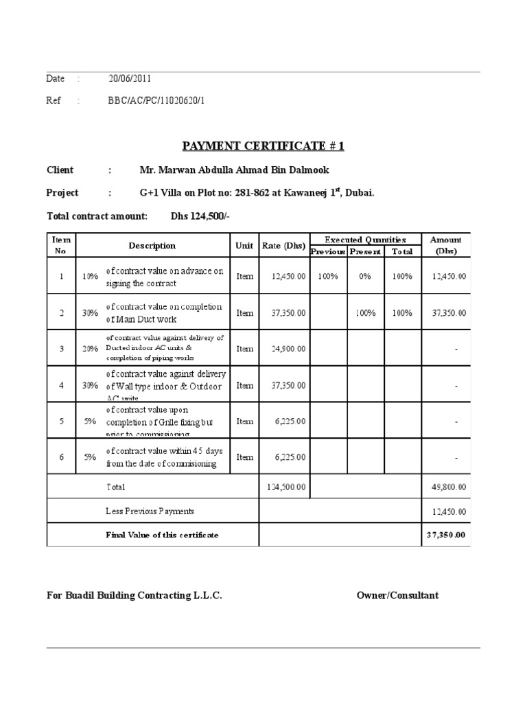 Payment Certificate for Dubai Villa Project | PDF