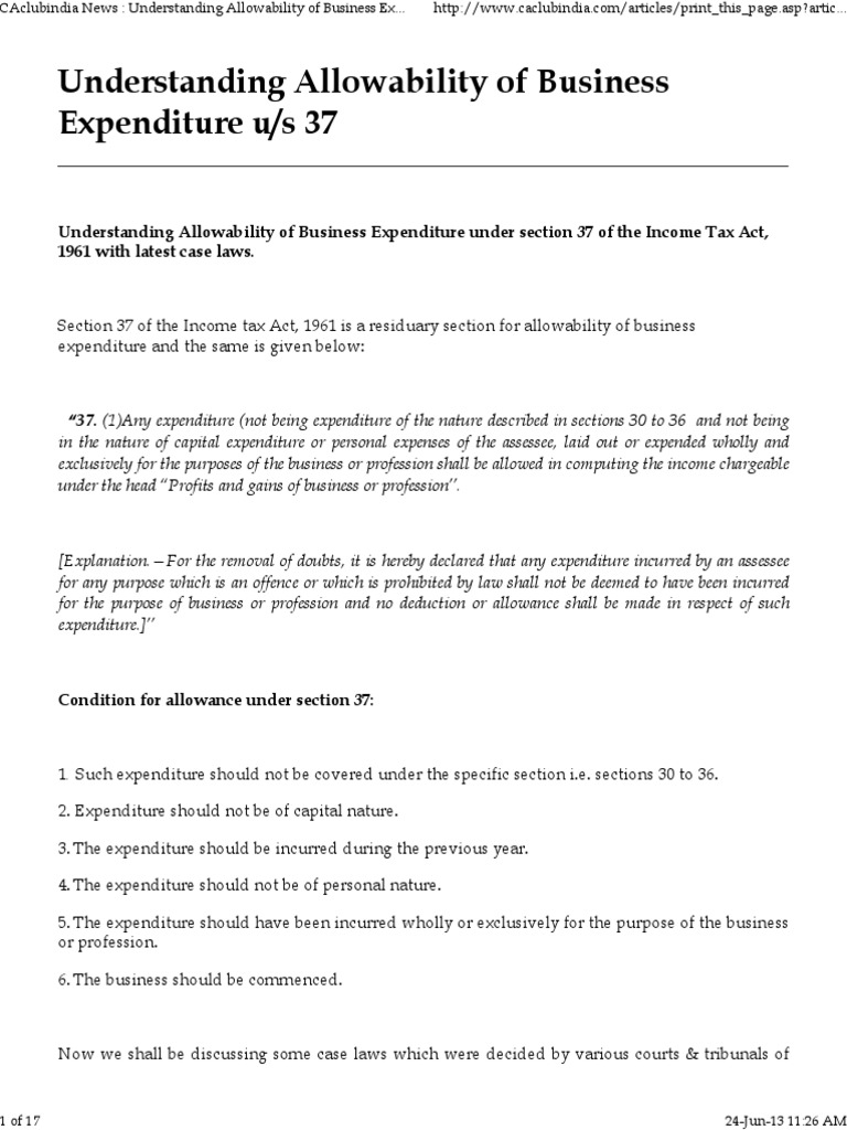 Business Expenditure Allowability under Sec 37 | PDF | Expense | Tax ...