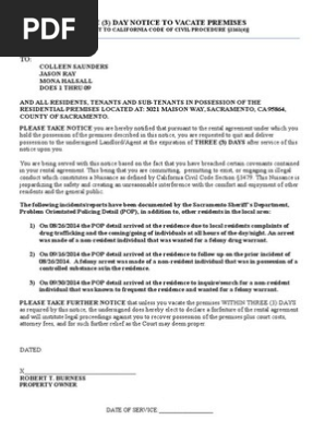 Three (3) Day Notice / Nuisance (California)