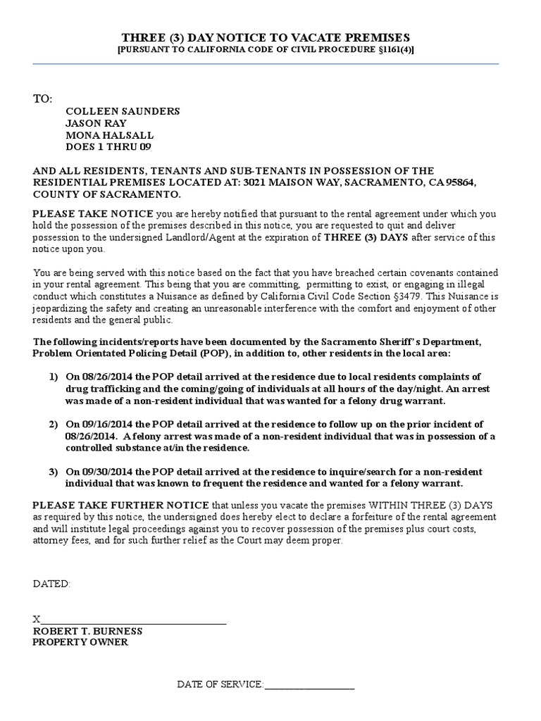 Three (3) Day Notice / Nuisance (California) Eviction Nuisance