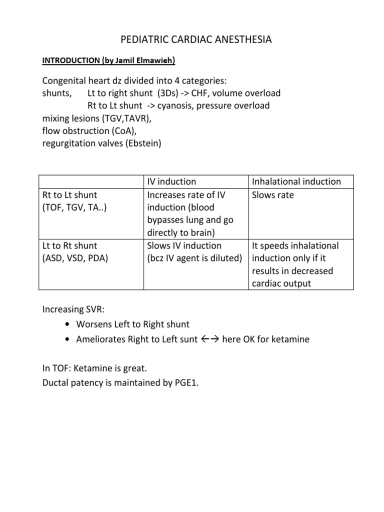 Ped Cardiac Anesthesia Notes Heart Circulatory System